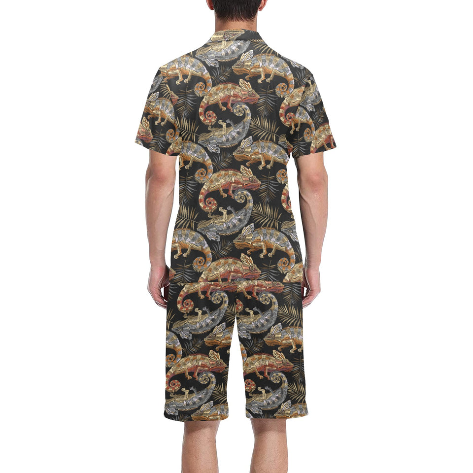 Chameleon lizard tropical leaves palm tree Men's V-Neck Short Pajama Set