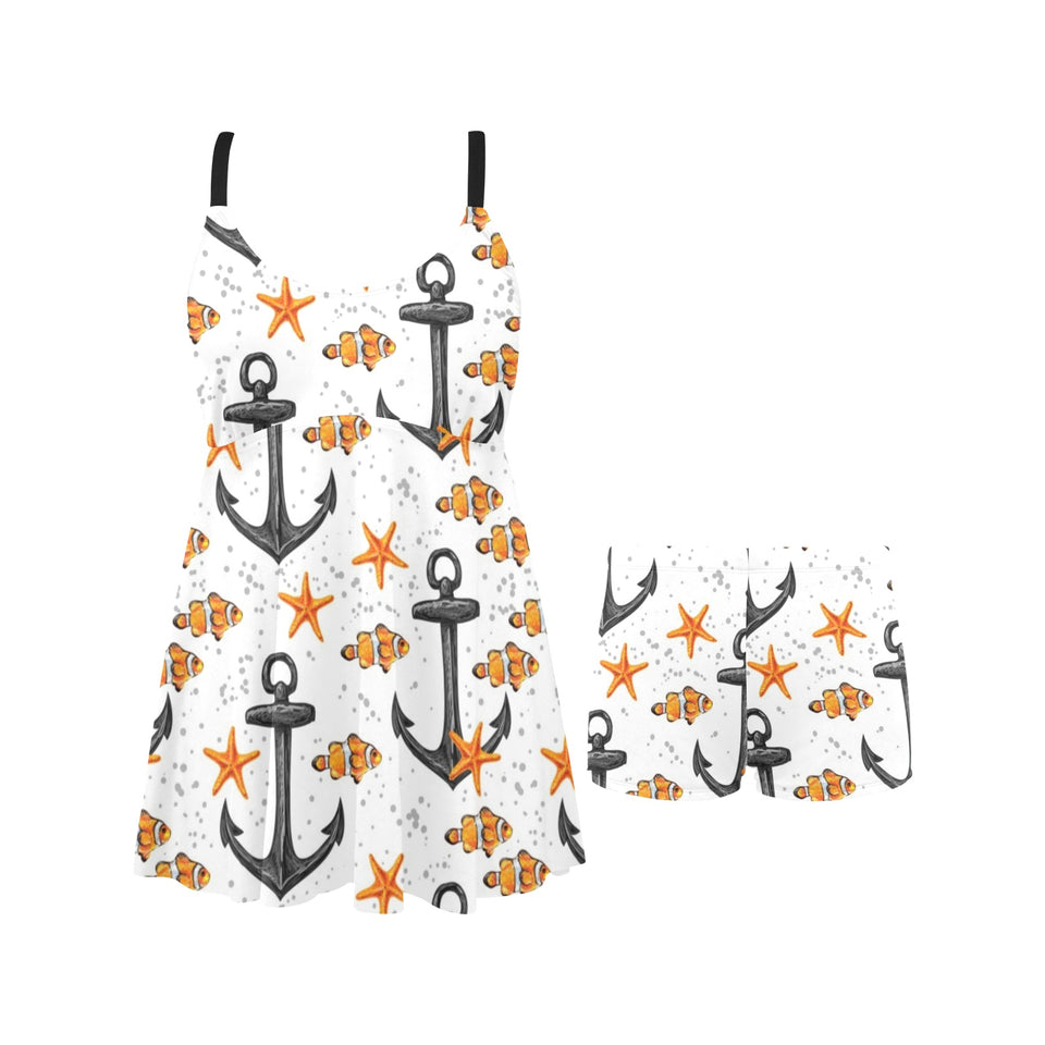 Clown Fish Pattern Print Design 02 Chest Sexy Pleated Two Piece Swim Dress