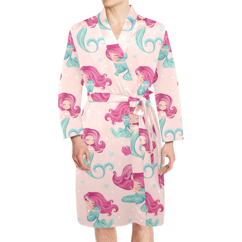 Cute little mermaid pattern Men's Long Sleeve Belted Night Robe