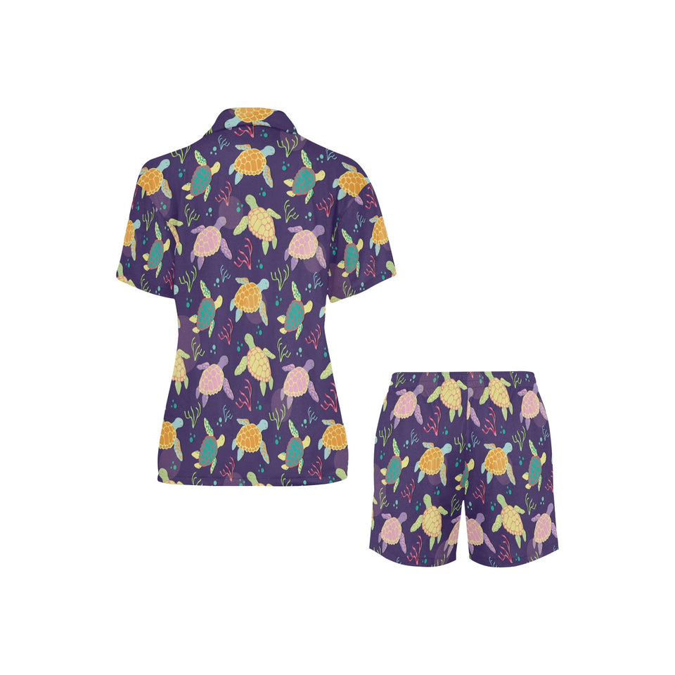 Colorful sea turtle pattern Women's V-Neck Short Pajama Set