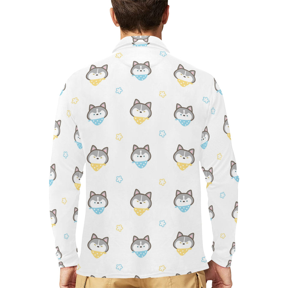 Cute Siberian Husky pattern Men's Long Sleeve Polo Shirt