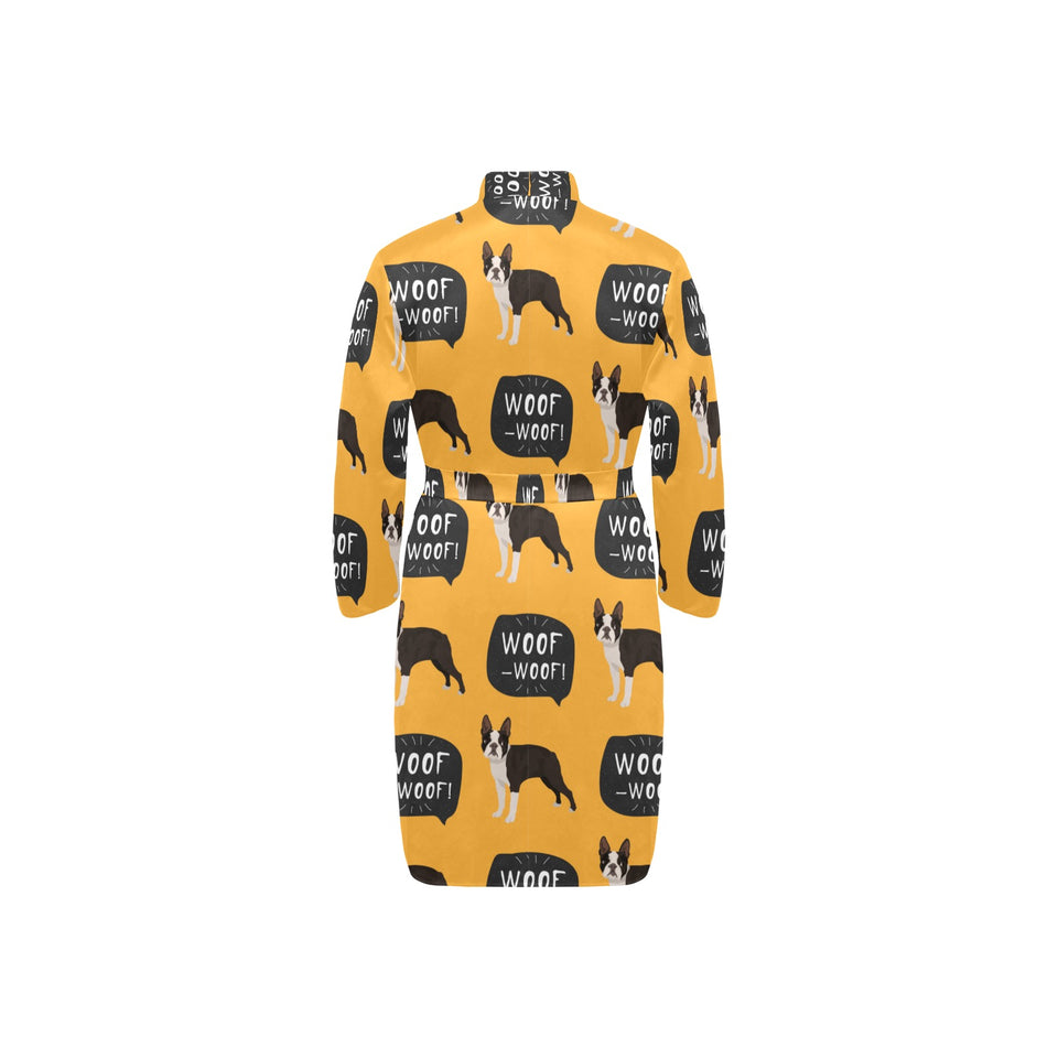 Boston terrier design pattern Men's Long Sleeve Belted Night Robe