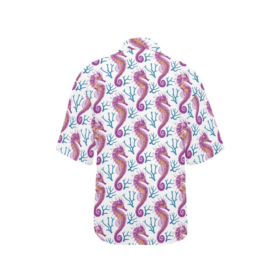 Purple seahorse blue coral pattern Women's All Over Print Hawaiian Shirt