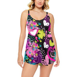 heart dot wave star creative design pattern Chest Sexy Pleated Two Piece Swim Dress