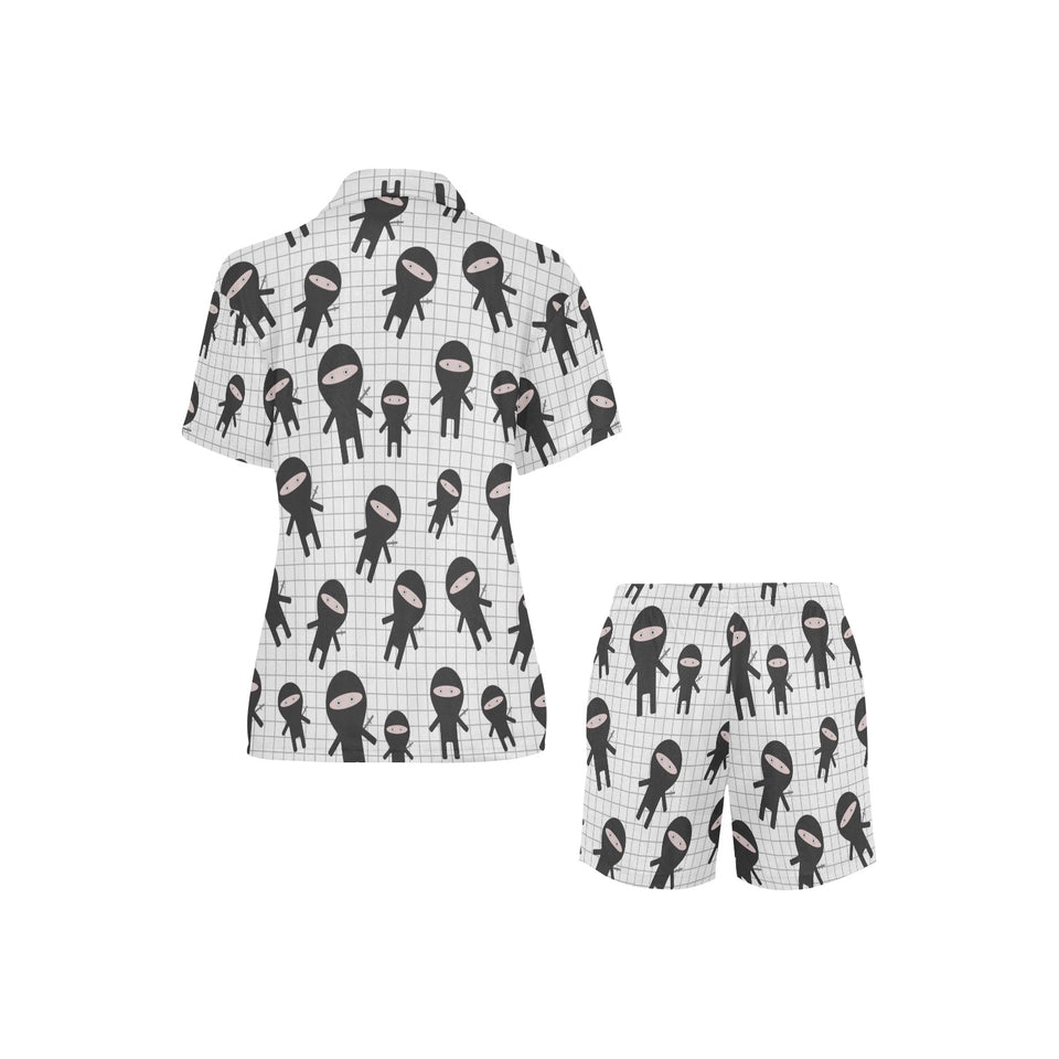 Ninja pattern plaid background Women's V-Neck Short Pajama Set