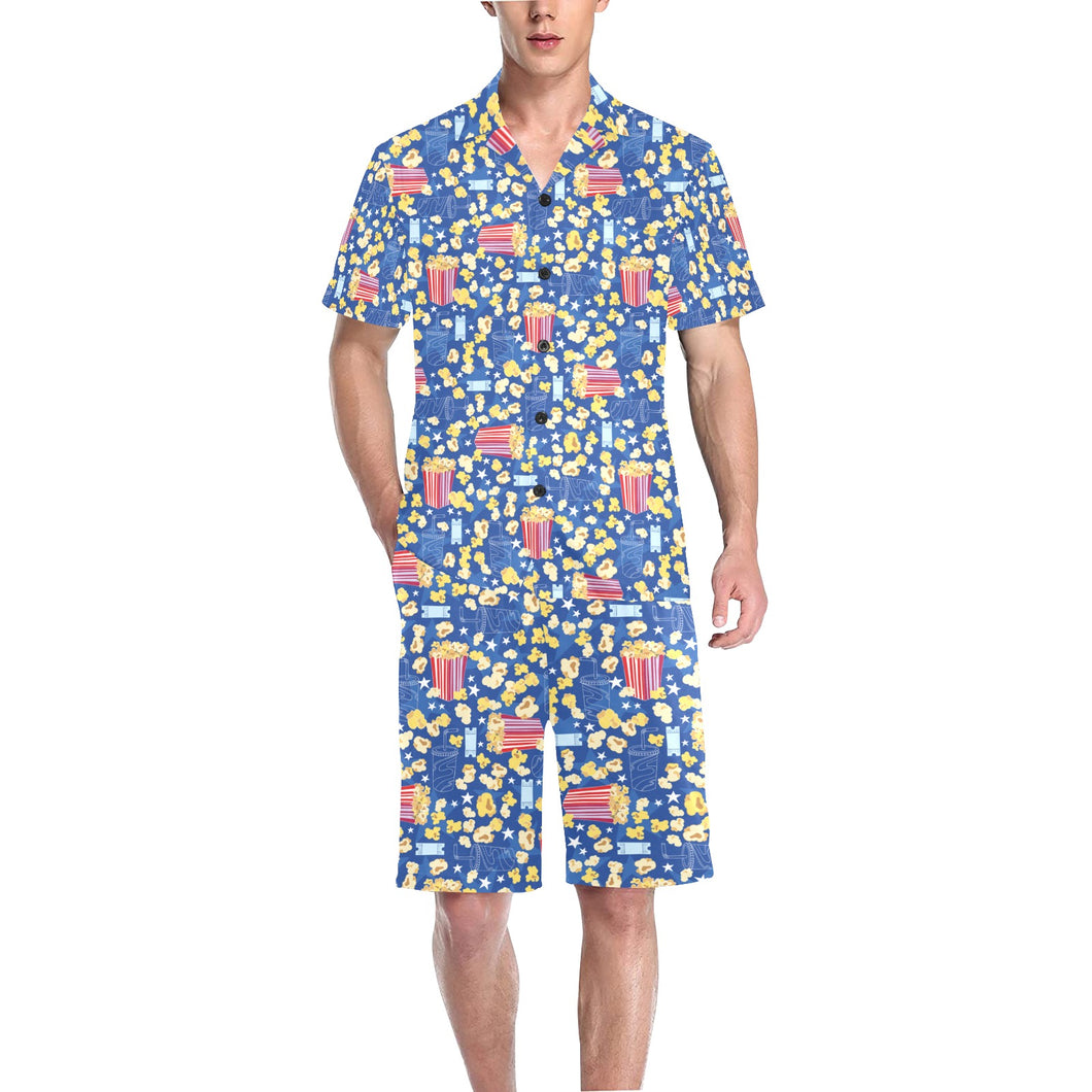 Popcorn Pattern Print Design 01 Men's V-Neck Short Pajama Set