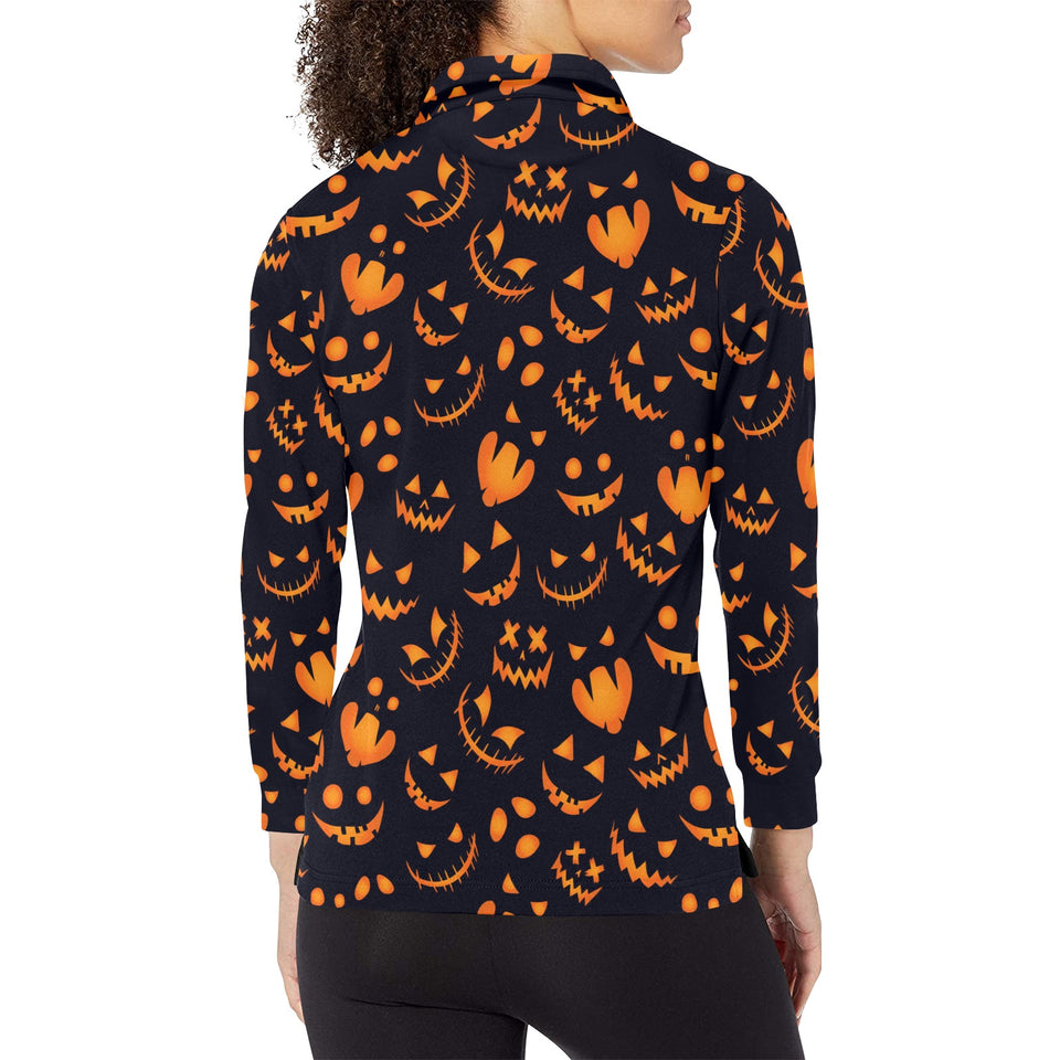 Halloween pattern Pumpkin background Women's Long Sleeve Polo Shirt