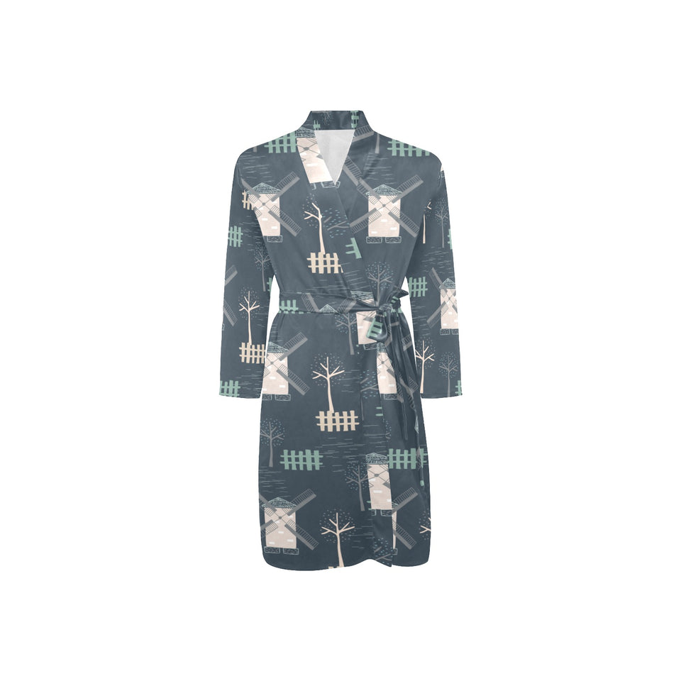 windmill tree pattern Men's Long Sleeve Belted Night Robe