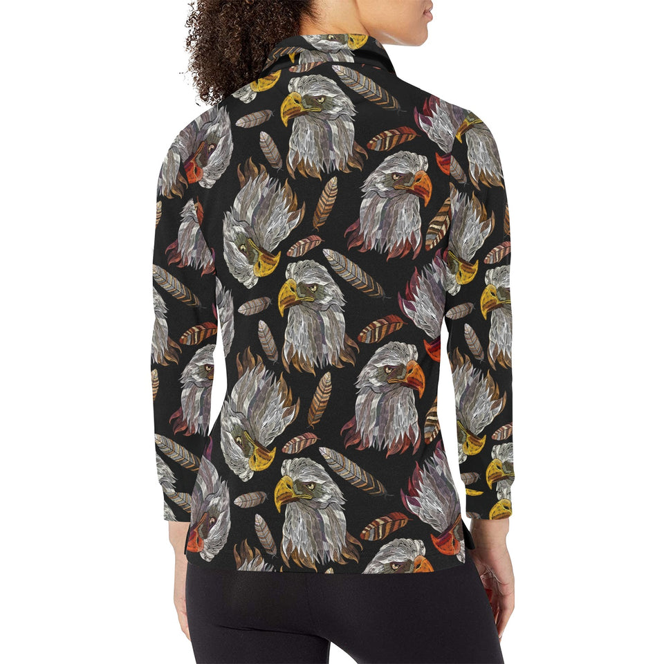 Eagle Pattern Print Design 05 Women's Long Sleeve Polo Shirt