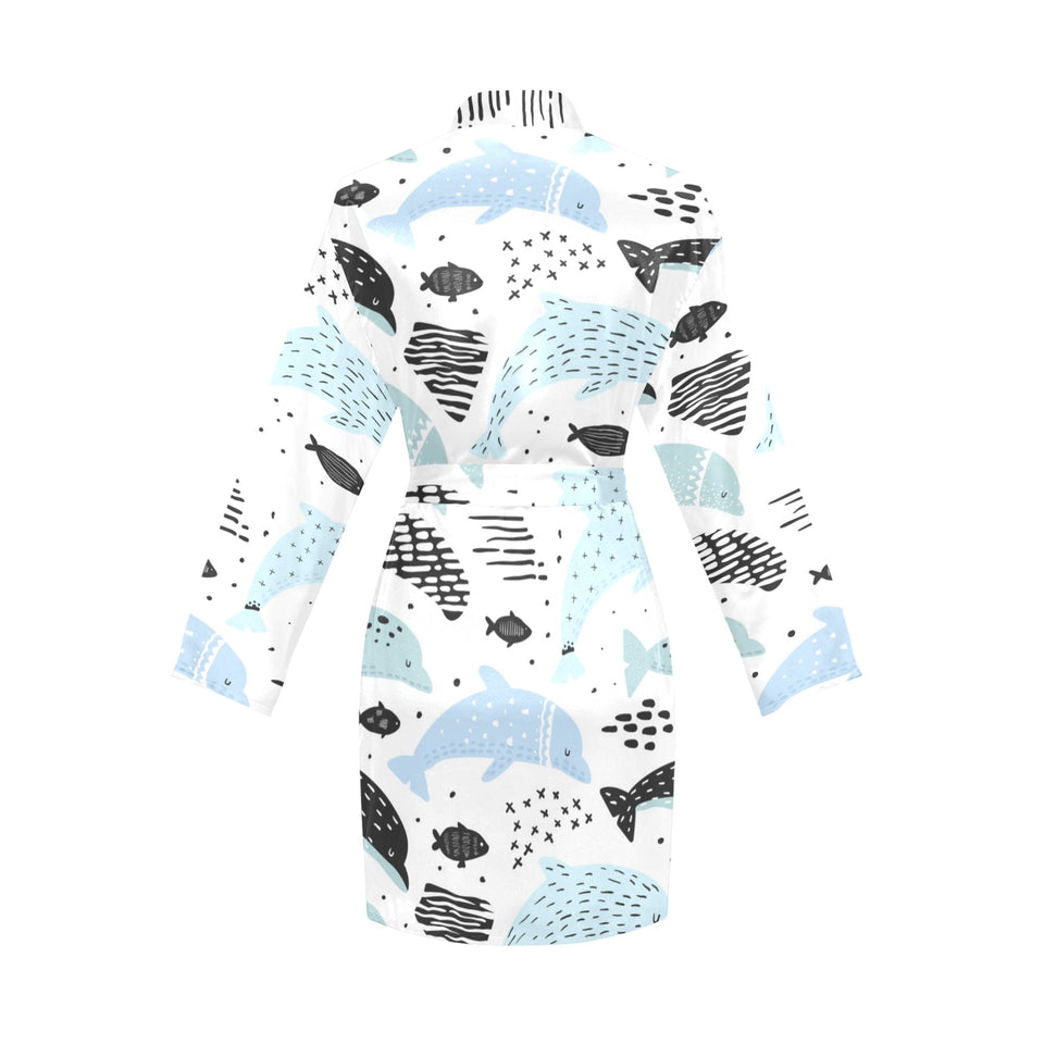 Cute dolphins Childish Style pattern Women's Long Sleeve Belted Night Robe
