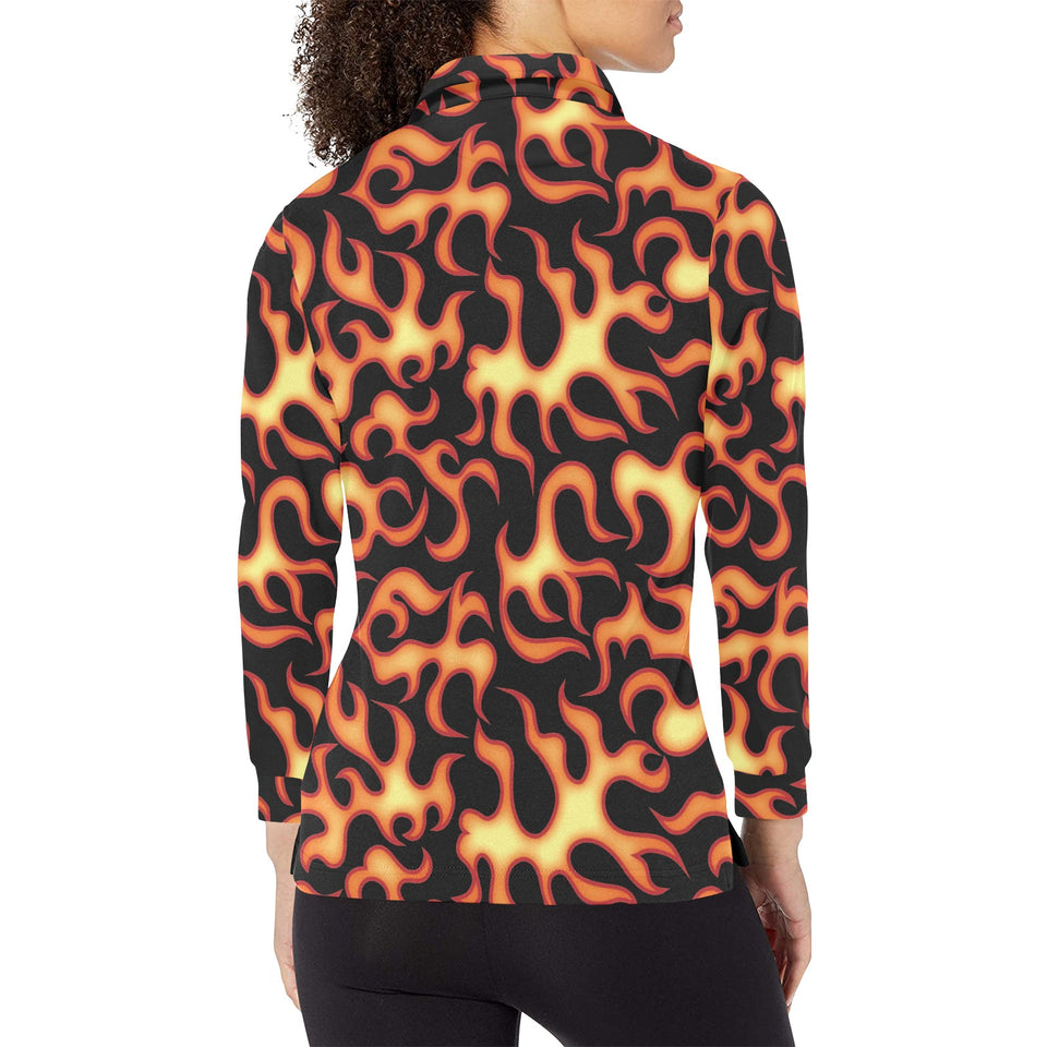 Fire flame dark pattern Women's Long Sleeve Polo Shirt