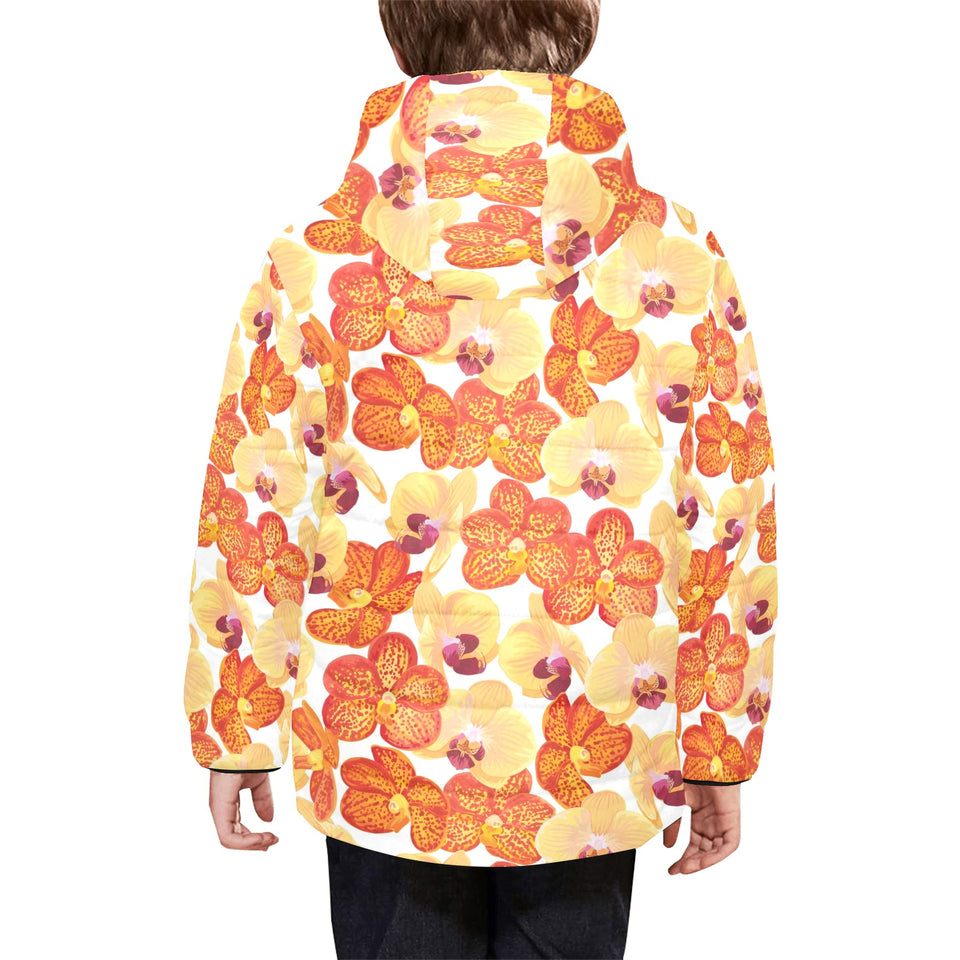 Orange yellow orchid flower pattern background Kids' Boys' Girls' Padded Hooded Jacket