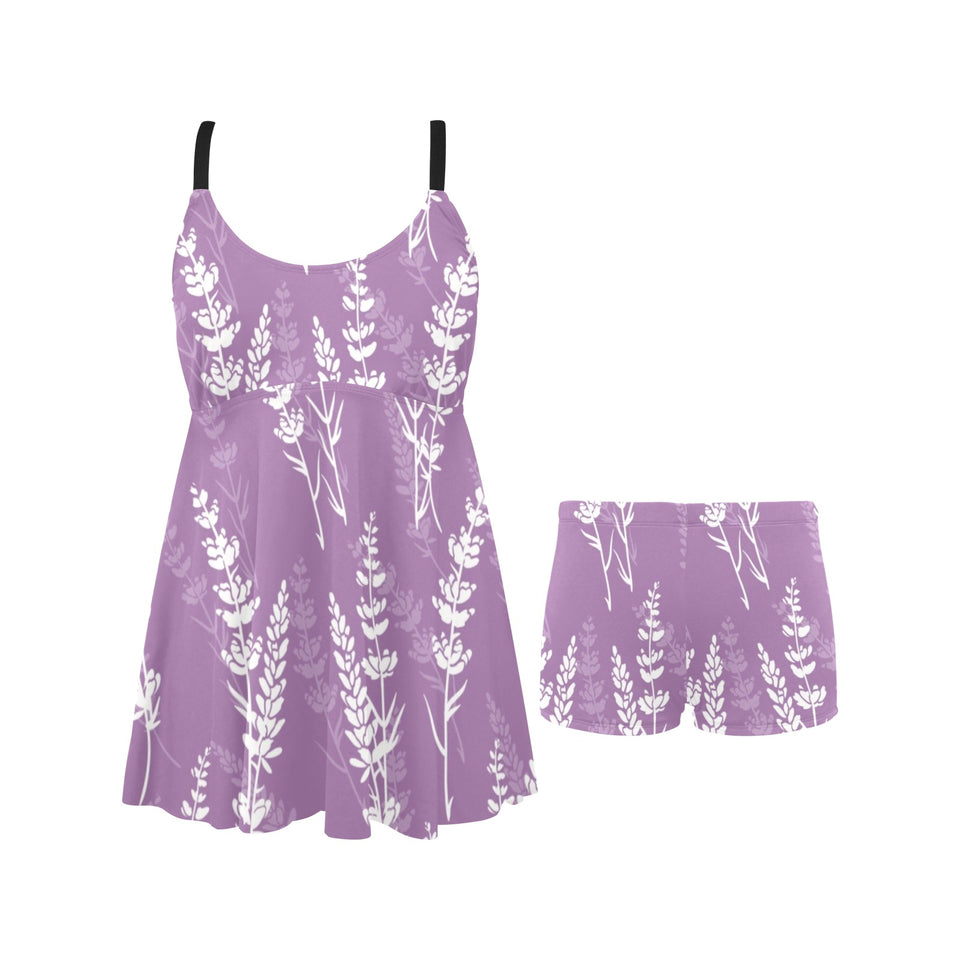 Lavender flowers purple pattern Chest Sexy Pleated Two Piece Swim Dress