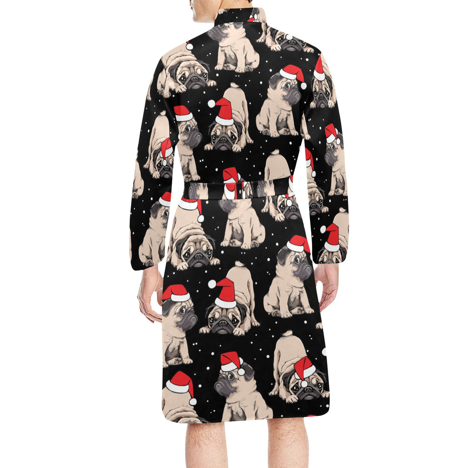 Christmas Pugs Santa_s red cap pattern Men's Long Sleeve Belted Night Robe