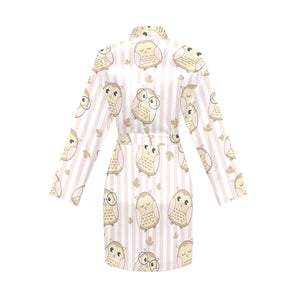 cute owl leaf Women's Long Sleeve Belted Night Robe