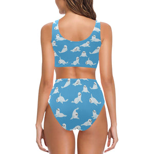 Cute sea lion seal pattern background Chest Bowknot High Waisted Bikini Swimsuit