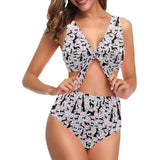 Greyhound Pattern Print Design 02 Chest Bowknot High Waisted Bikini Swimsuit