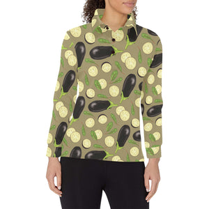 Eggplant Pattern Print Design 02 Women's Long Sleeve Polo Shirt