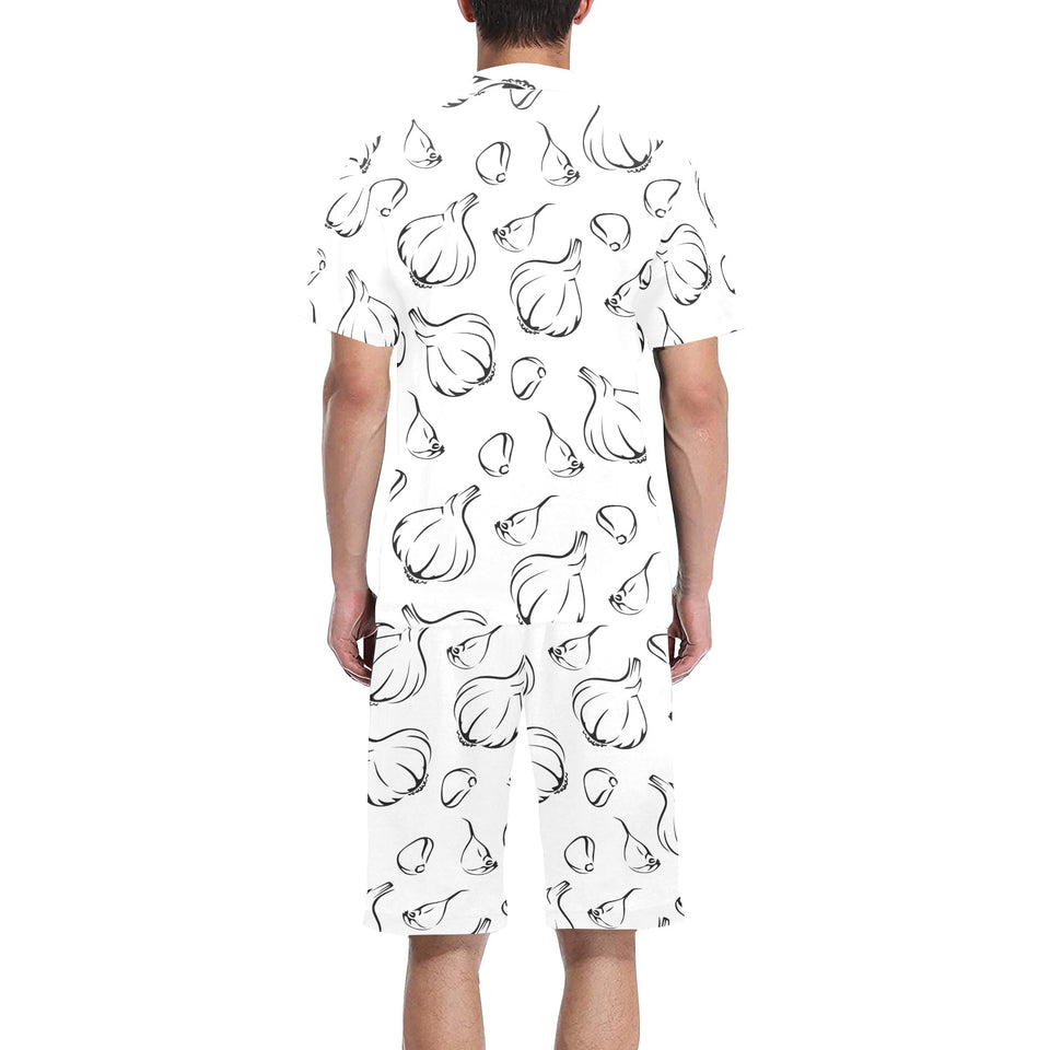 Garlic pattern black white Men's V-Neck Short Pajama Set