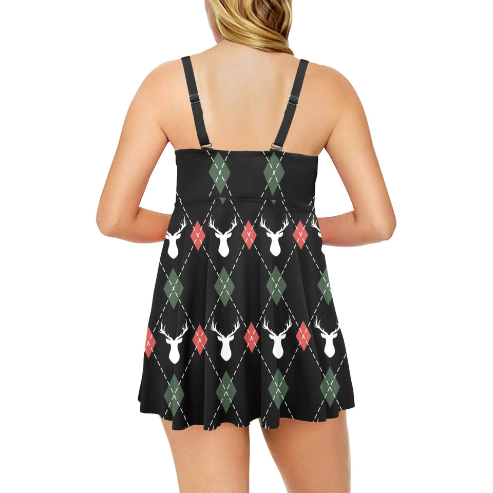 Deer Christmas new year pattern argyle Chest Sexy Pleated Two Piece Swim Dress