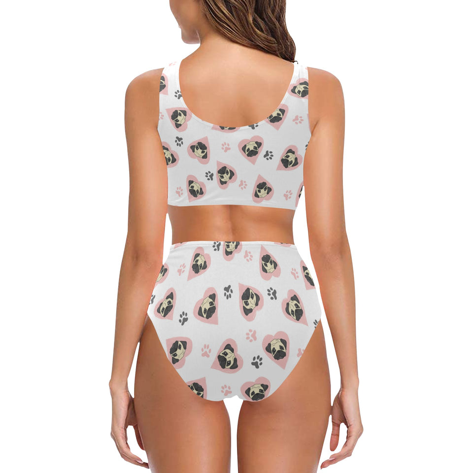 Cute pugs pink heart paw pattern Chest Bowknot High Waisted Bikini Swimsuit