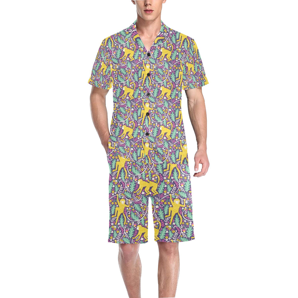 Cute yellow monkey leaves pattern Men's V-Neck Short Pajama Set