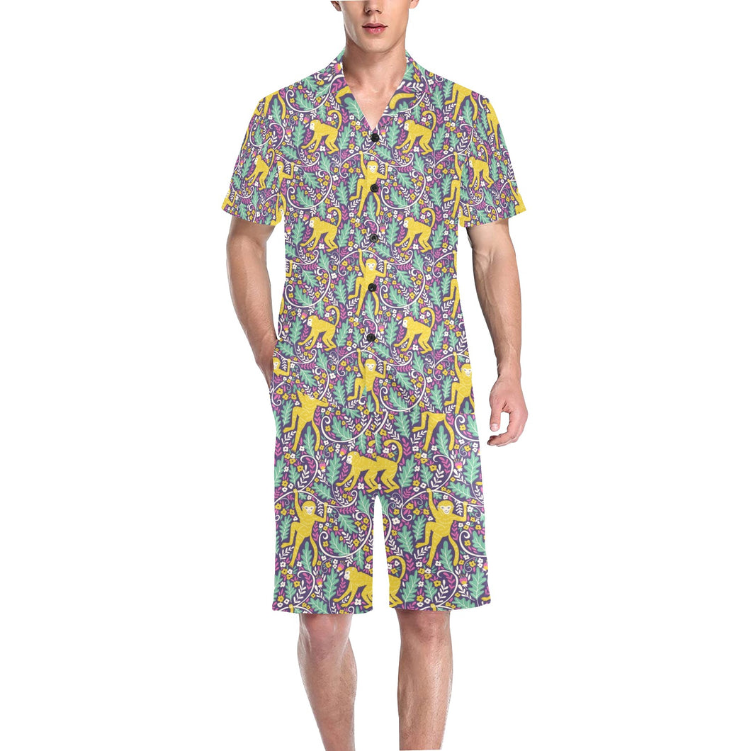 Cute yellow monkey leaves pattern Men's V-Neck Short Pajama Set