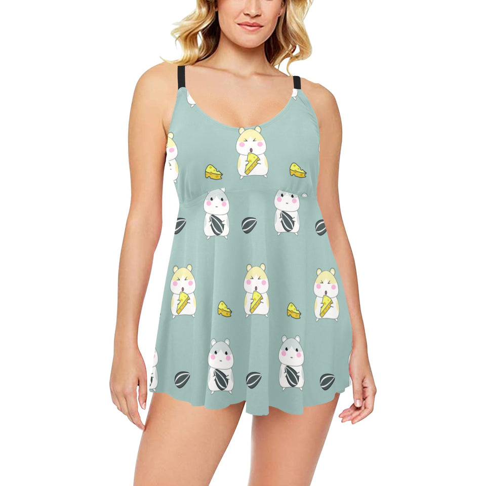 Cute hamster cheese pattern Chest Sexy Pleated Two Piece Swim Dress