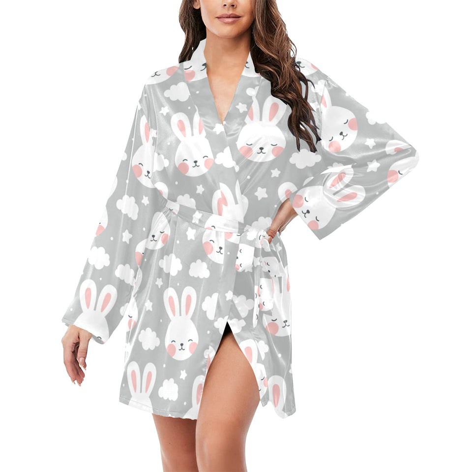 Rabbit cloud Pattern Women's Long Sleeve Belted Night Robe