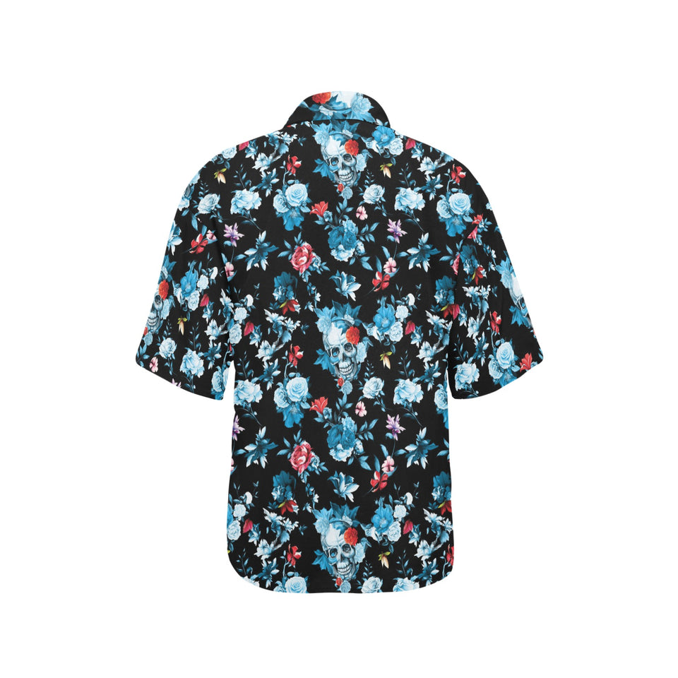 Skull flower roses leave pattern Women's All Over Print Hawaiian Shirt