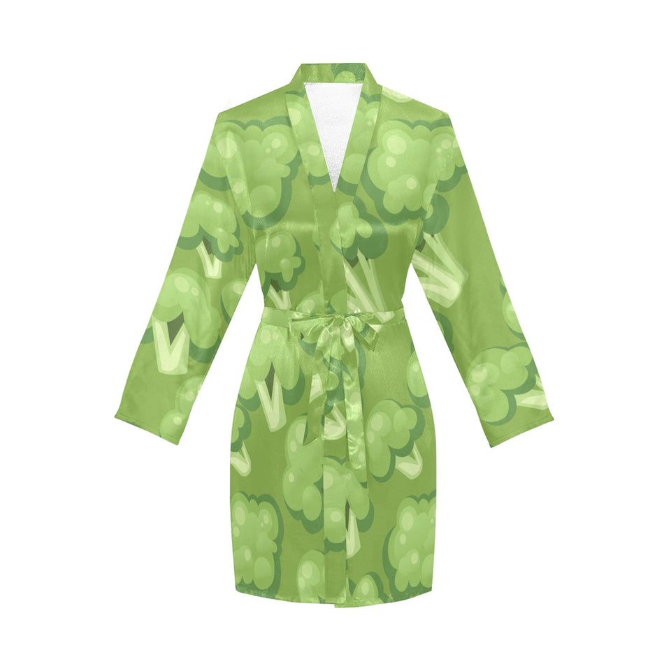 Broccoli pattern green background Women's Long Sleeve Belted Night Robe
