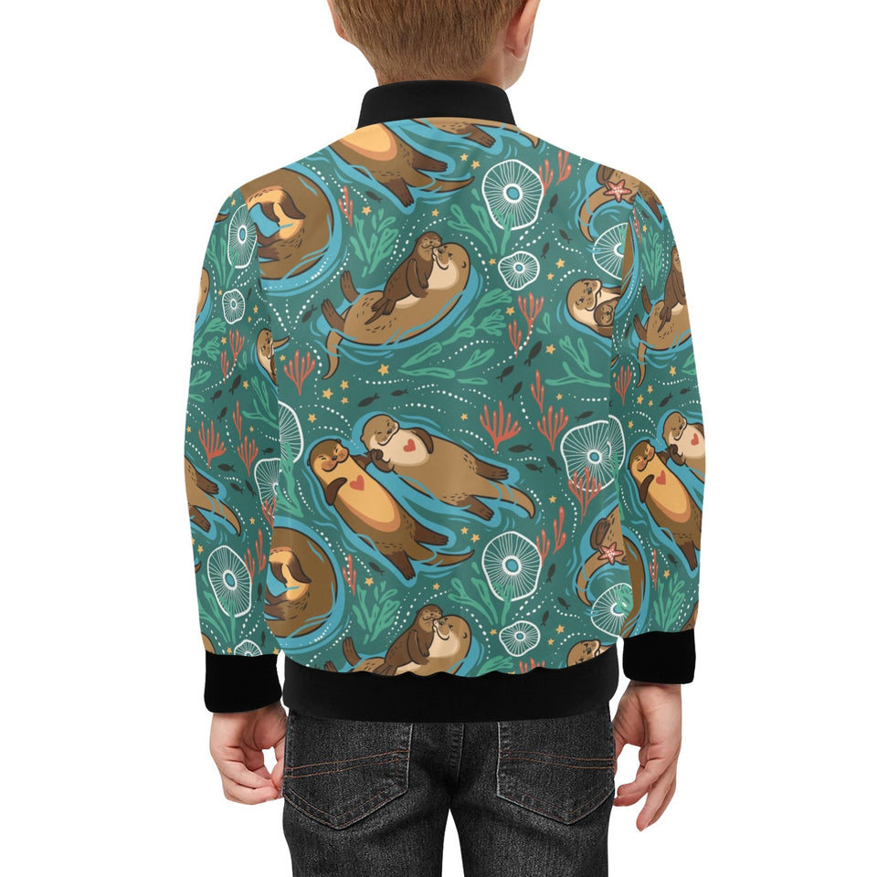 cute brown sea otters ornamental seaweed corals gr Kids' Boys' Girls' Bomber Jacket