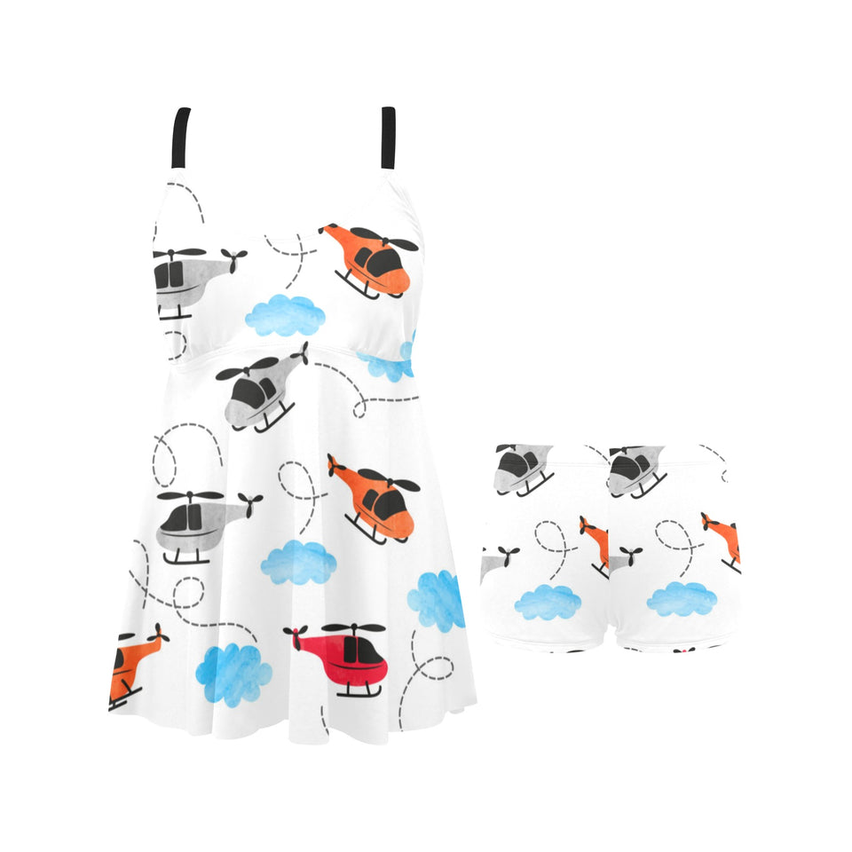 Watercolor helicopter cloud pattern Chest Sexy Pleated Two Piece Swim Dress