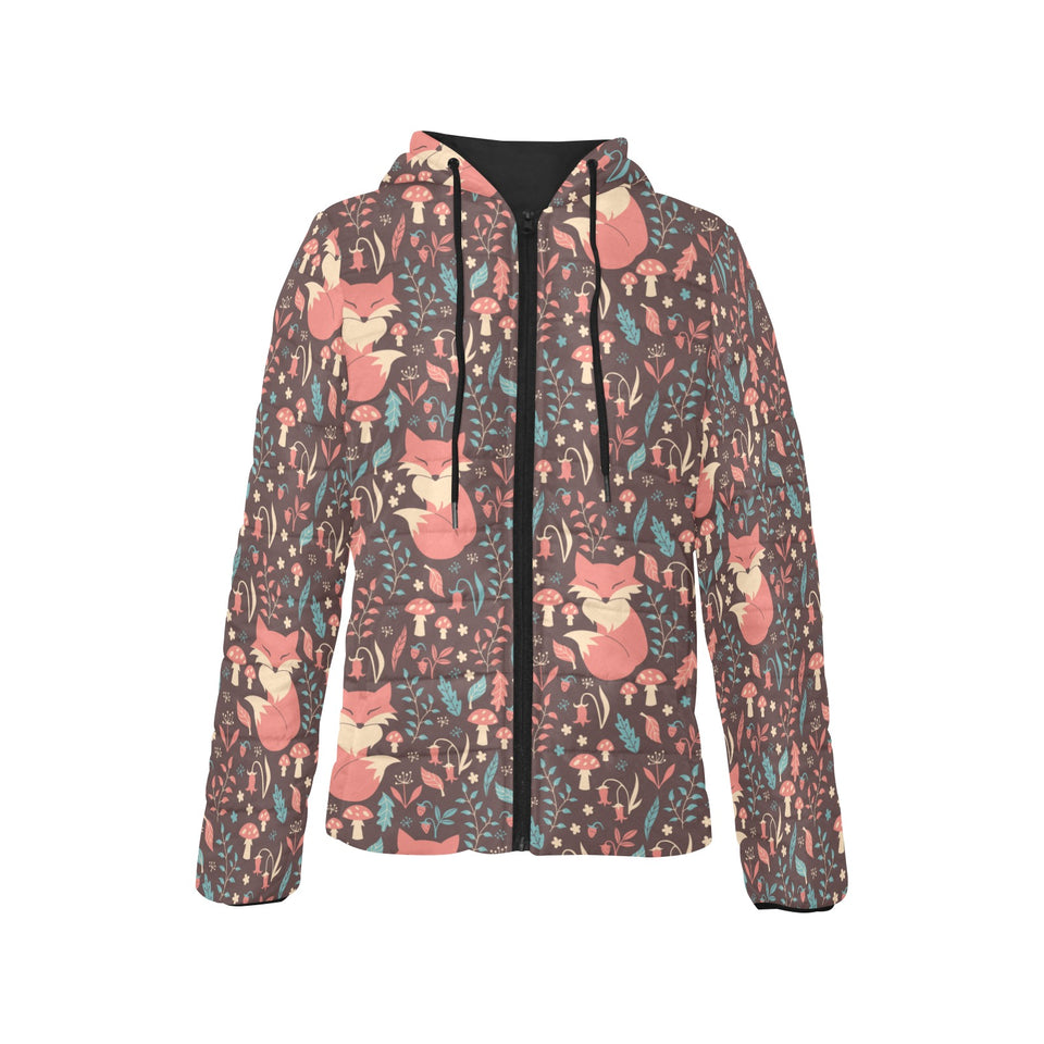 fox leaves mushroom pattern Women's Padded Hooded Jacket