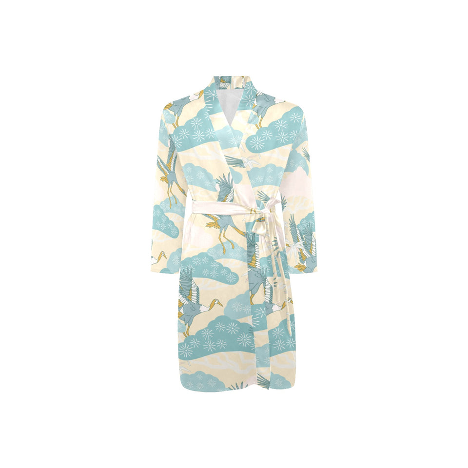 Bonsai bamboo stork japanese pattern cream theme Men's Long Sleeve Belted Night Robe