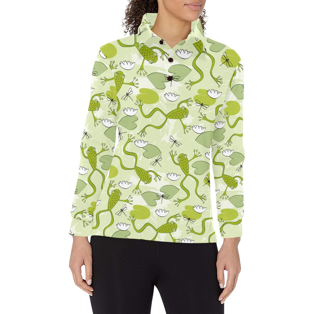 Cute frog dragonfly pattern Women's Long Sleeve Polo Shirt