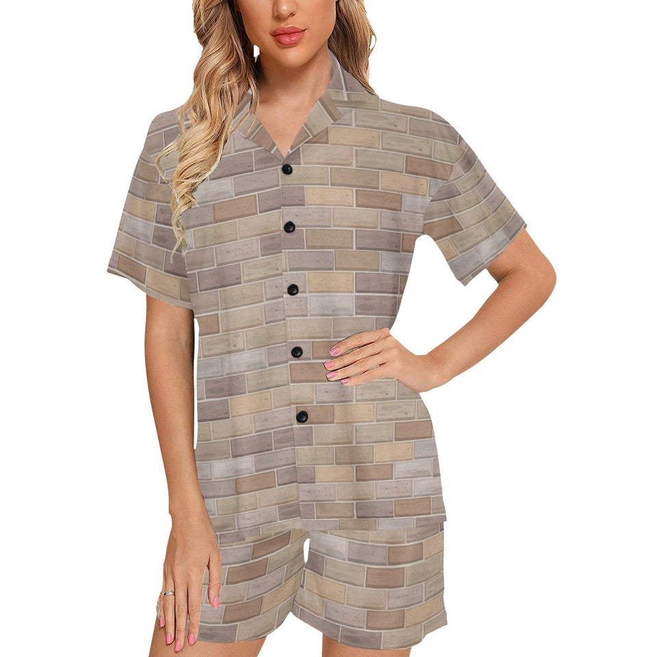 Brick Printed Pattern Print Design 01 Women's V-Neck Short Pajama Set