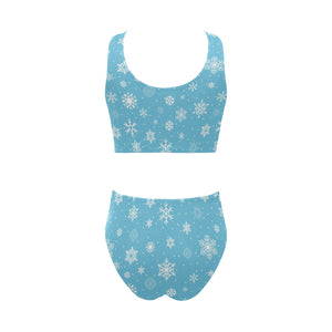 Snowflake pattern blue background Chest Bowknot High Waisted Bikini Swimsuit