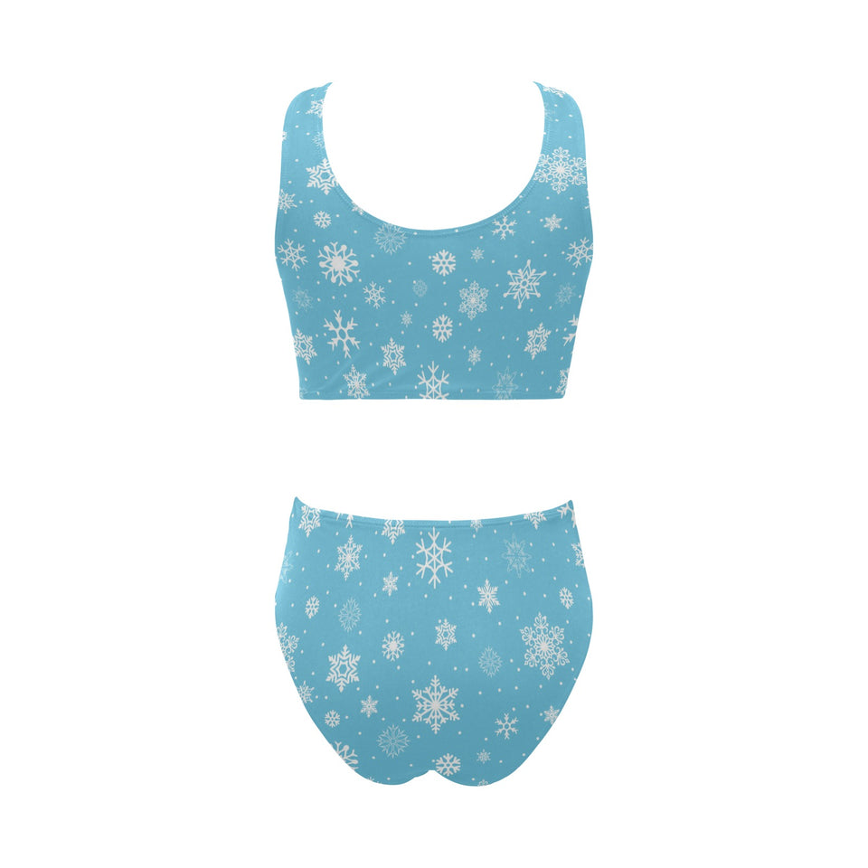 Snowflake pattern blue background Chest Bowknot High Waisted Bikini Swimsuit