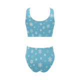 Snowflake pattern blue background Chest Bowknot High Waisted Bikini Swimsuit