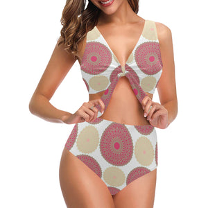 Circle indian pattern Chest Bowknot High Waisted Bikini Swimsuit