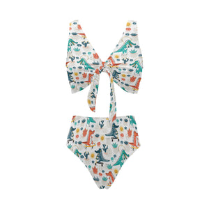 Cute Crocodile Pattern Chest Bowknot High Waisted Bikini Swimsuit