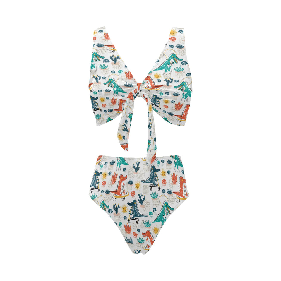 Cute Crocodile Pattern Chest Bowknot High Waisted Bikini Swimsuit