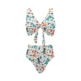 Cute Crocodile Pattern Chest Bowknot High Waisted Bikini Swimsuit