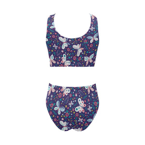 Colorful butterfly flower pattern.eps Chest Bowknot High Waisted Bikini Swimsuit