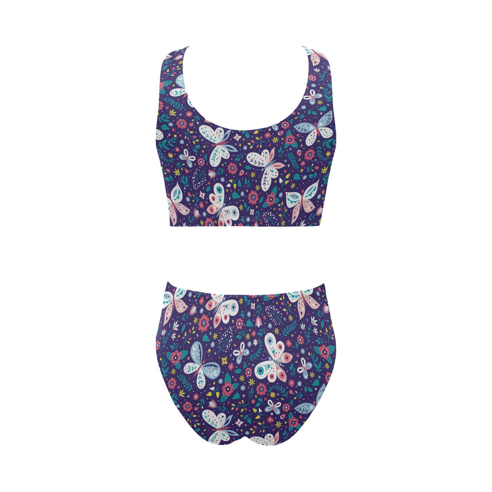 Colorful butterfly flower pattern.eps Chest Bowknot High Waisted Bikini Swimsuit