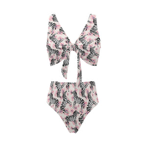 Zebra pink flower background Chest Bowknot High Waisted Bikini Swimsuit