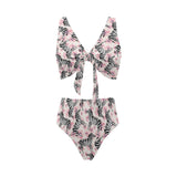 Zebra pink flower background Chest Bowknot High Waisted Bikini Swimsuit