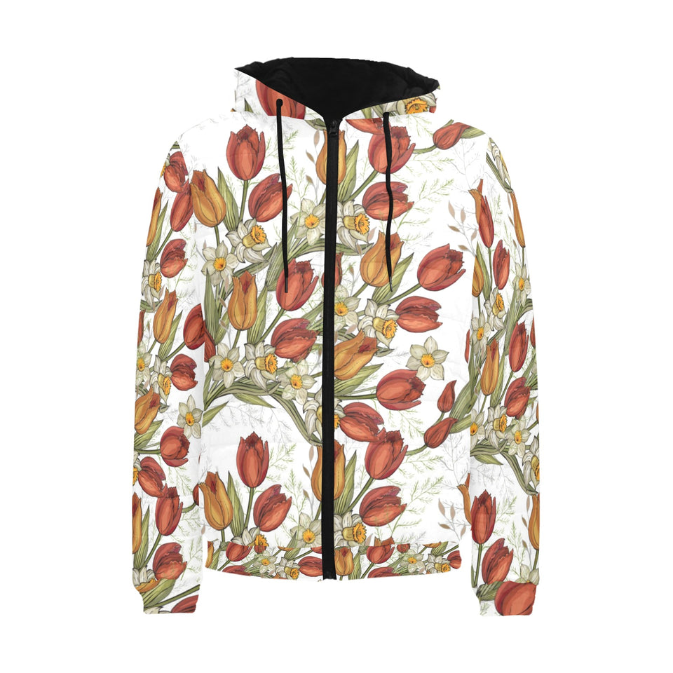 Red tulips and daffodils pattern Men's Padded Hooded Jacket