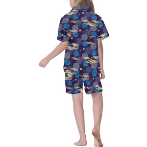 Blue japanese pattern cloud wave flower Kids' Boys' Girls' V-Neck Short Pajama Set